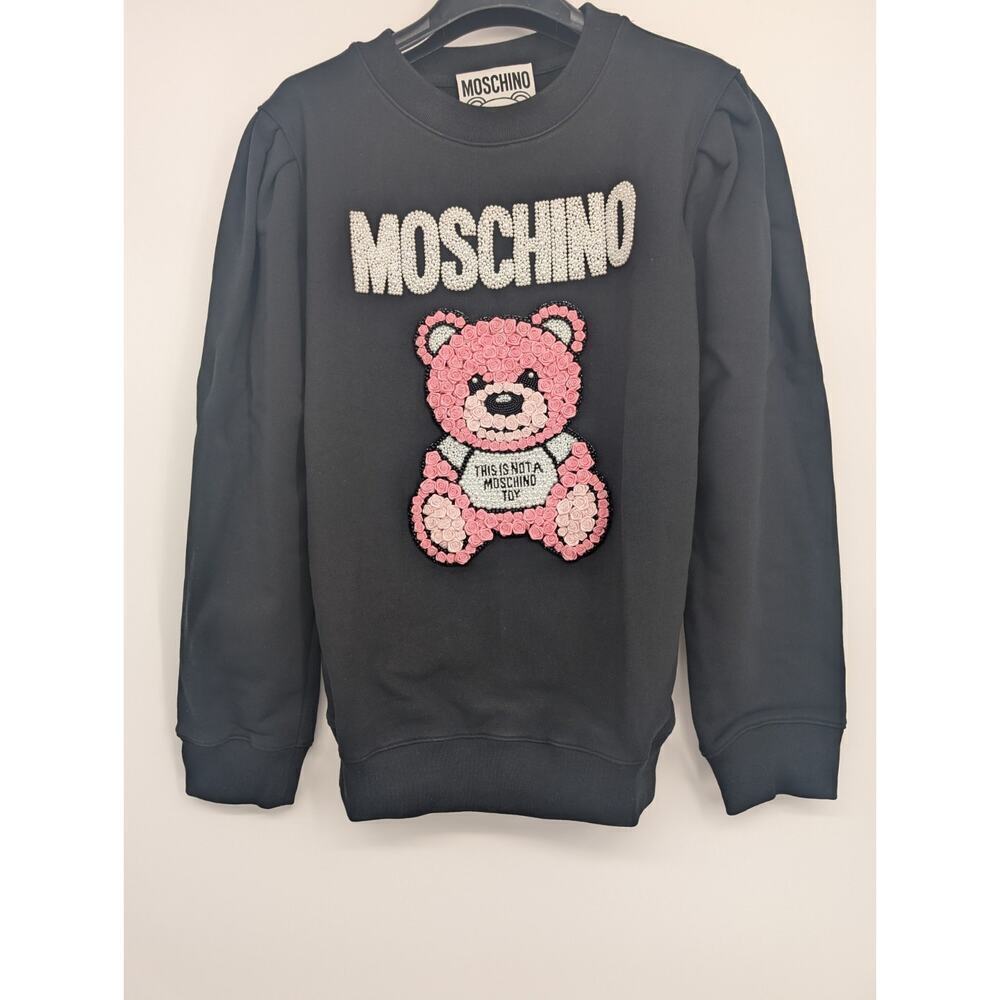NWT Moschino Couture 3D Rose Teddy Bear Pearl Sweatshirt Sz 42 US 8 Black #4E458